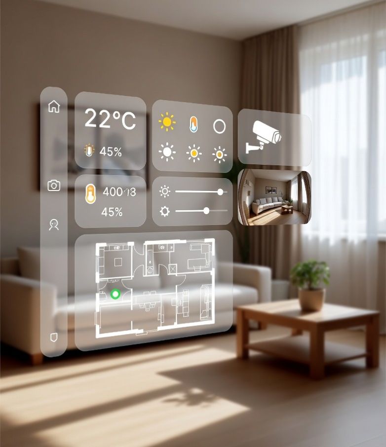 smart home dashboard interface projected over a modern apartment interior